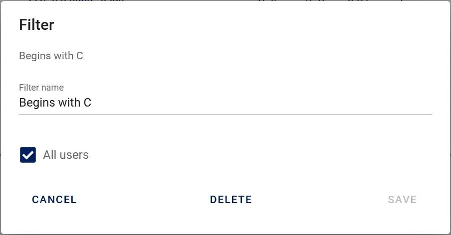 data table saved filter dialog named filter mode