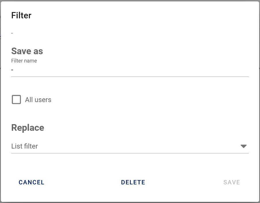 data table saved filter dialog