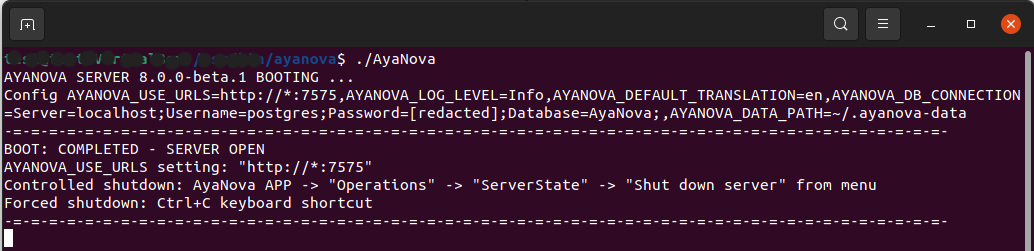 AyaNova server console running