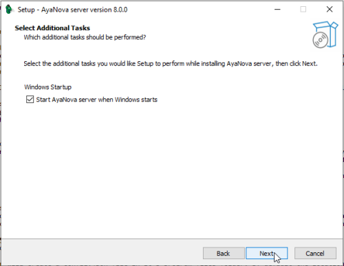 SCREENSHOT OF setup window checkmarked server start with windows