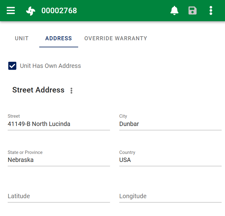 Customer Unit edit form address tab