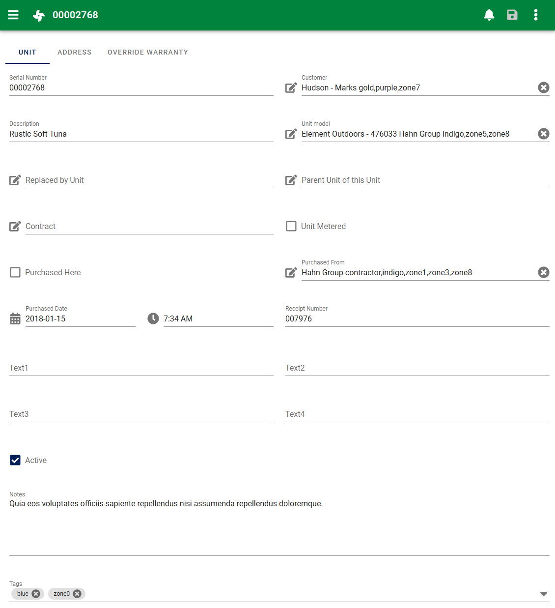 Customer Unit edit form UNIT tab