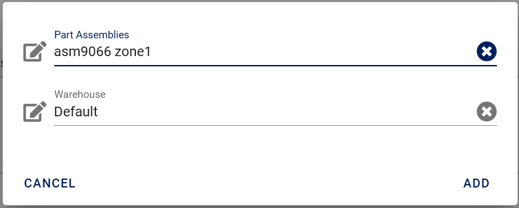 Work order item part assembly dialog