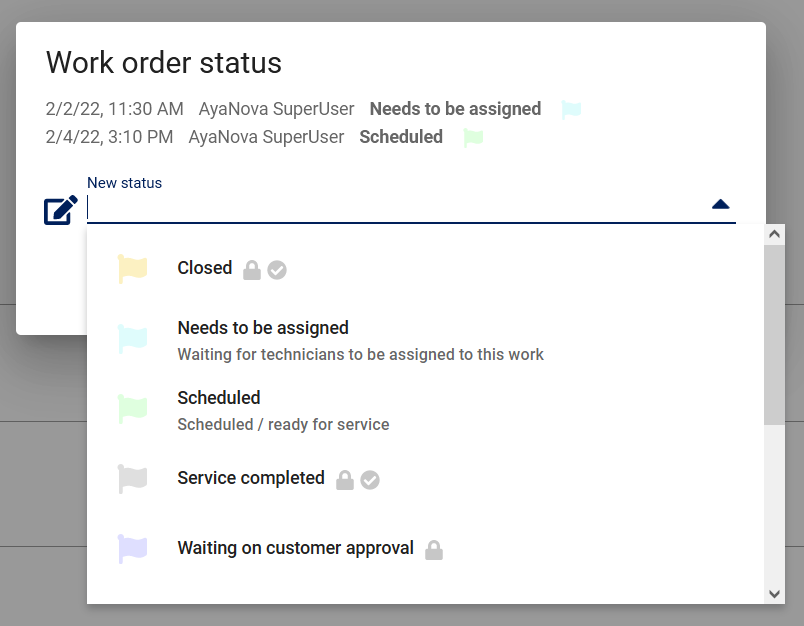 Work order status control