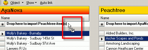 Easily drag and drop to link and/or import AyaNova and Peachtree clients, items, vendors etc