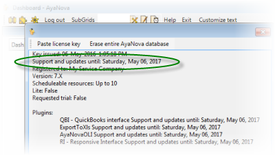 Example License window showing support expiry date
