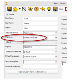 Example image of the user entry screen showing Type set as Schedulable User