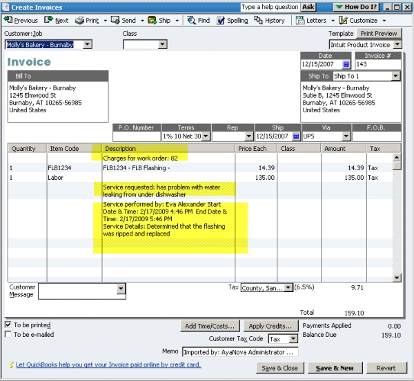 sample invoice with descriptive text